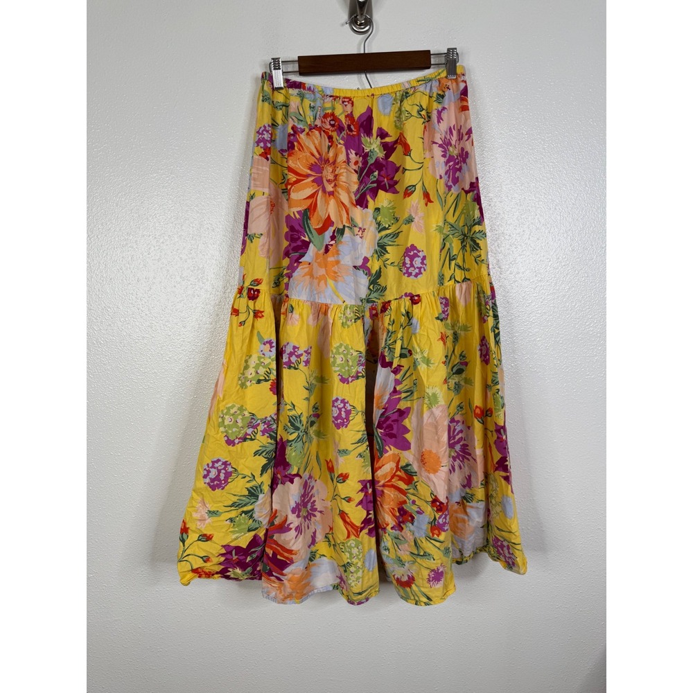 HM Yellow Floral Tiered Midi Skirt Womens Medium Cotton Lyocell Boho A-Line